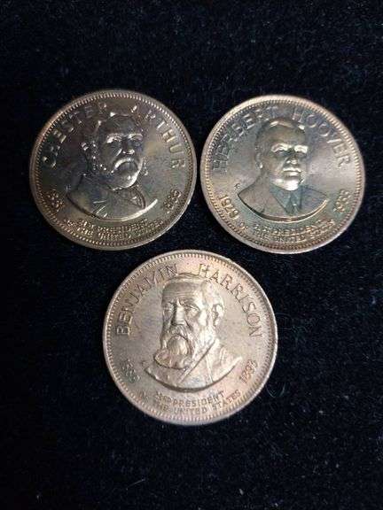 Three Presidential Commemorative Coins Featuring Arthur, Hoover, Harrison