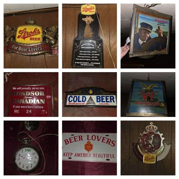 Beer Signs, Parlor Chairs and Table, Tons of beer steins, poster, wine making bottles, books, billiards and more