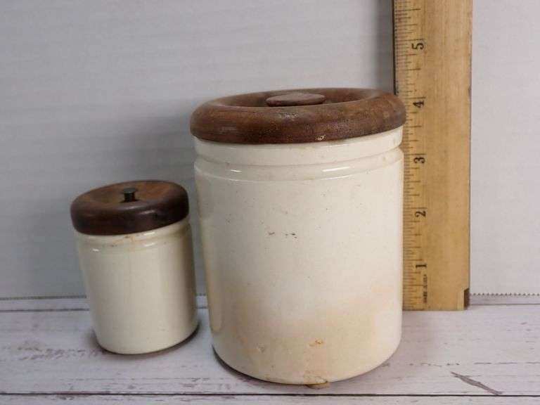Antique Ceramic Storage Jars with Wooden Lids