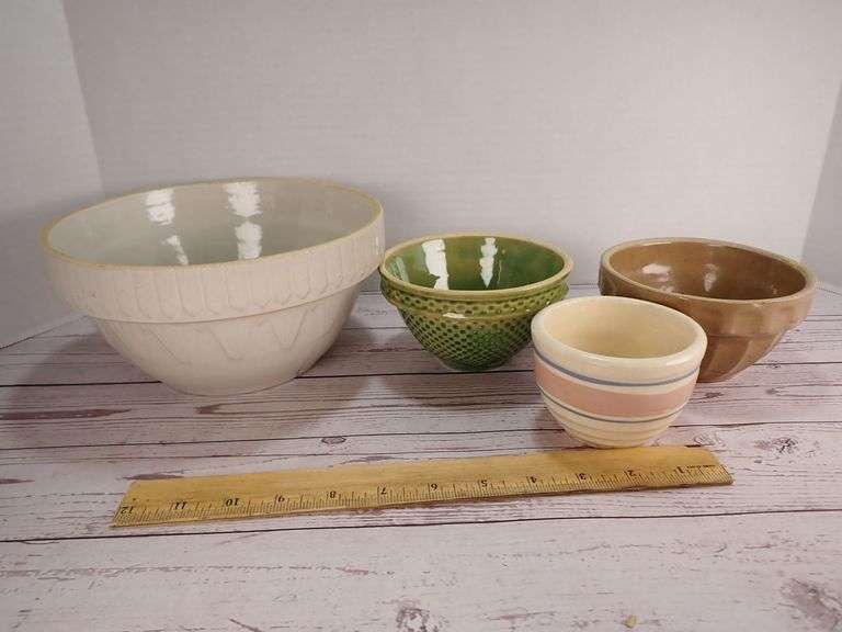 Four Antique Kitchen Ceramic Bowls of Various Sizes and Designs