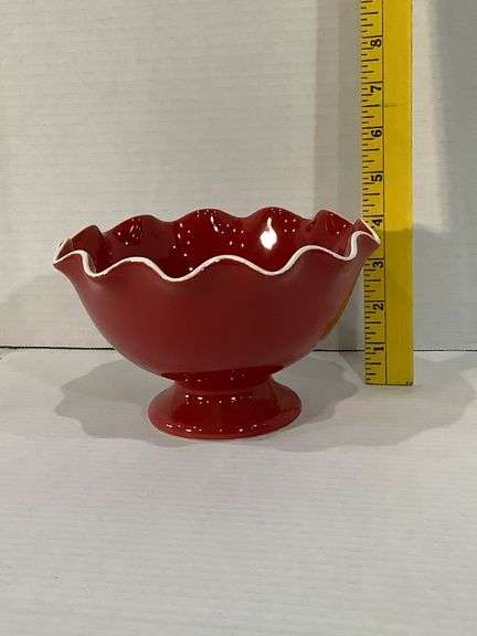 Longaberger Red Pedestal Bowl with Scalloped Edge