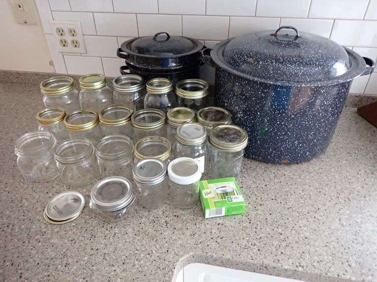 Canning Set with Glass Jars and 2 Graniteware Water Bath Canners