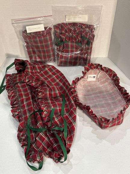 Longaberger Plaid Fabric Basket Covers with Green Ribbon Ties