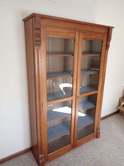 SEE VIDEO - Wooden Two-Door Display Cabinet with Wavey Glass Insets and Keyed Lock