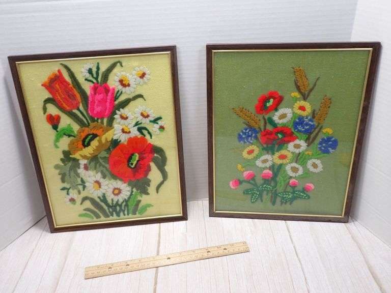 Framed Floral Crewel Embroidery Art Pair