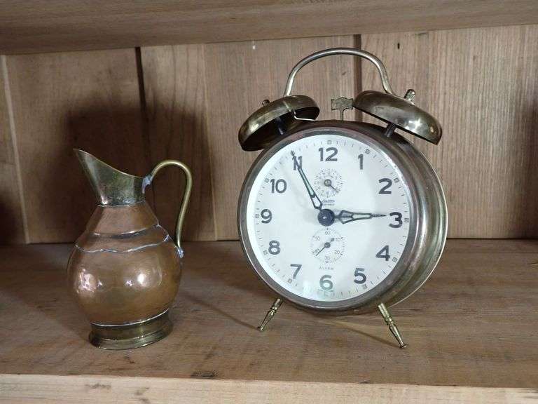 Brass Copper Pitcher Marked ‘Belgium’ and Linden Black Forest Twin Bell Alarm Clock
