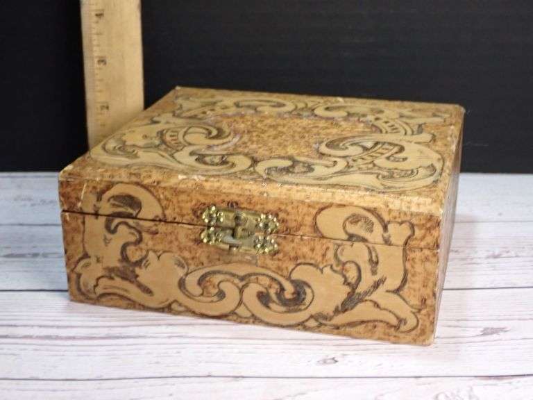 Wood Burnt Flemish Art Box With Decorative Brass Clasp