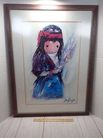 Framed Artwork by DeGrazia Featuring a Girl with Feathers