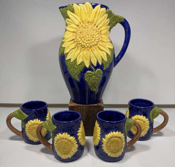 Ceramic Sunflower Pitcher and Mug Set with Blue Glaze