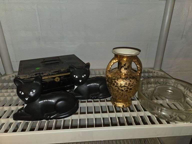 Metal box, cats, vase