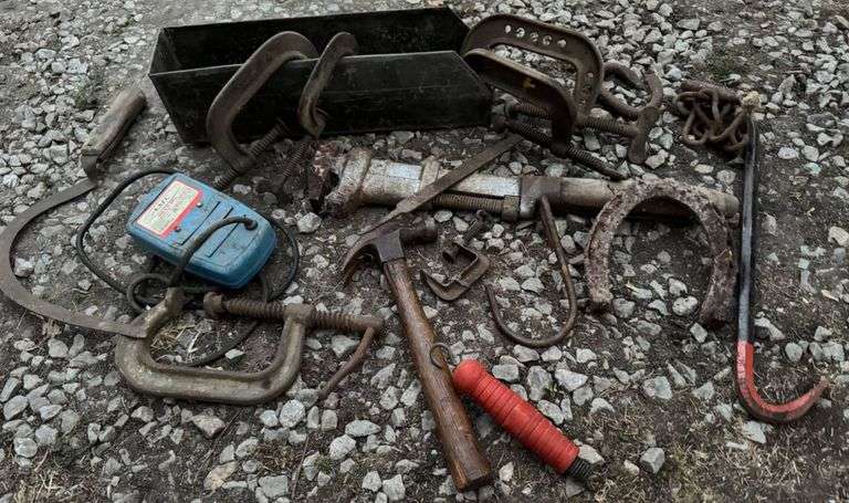 Vintage Pipe Wrench, Hand Tools and Hardware, Including C-Clamps and Crowbar