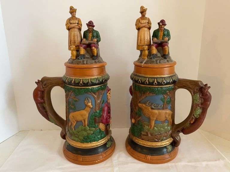 Pair of Large Decorative Ceramic Steins - 16” Tall