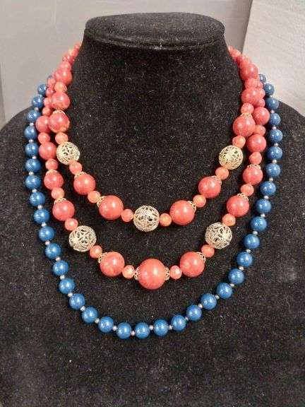 Vintage Coral and Blue Multistrand Beaded Necklace