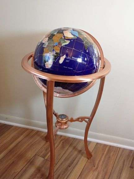 Gemstone / Mineral Inlay Globe On Floor Stand
