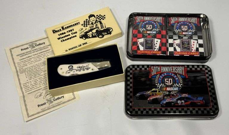 Dale Earnhardt Memorabilia Set Including Knife and 50th Anniversary NASCAR Cards