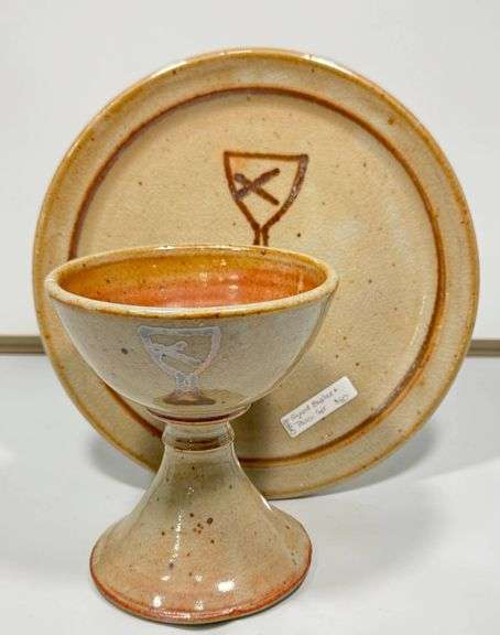 Handmade Stoneware Chalice and Plate Set with Signature