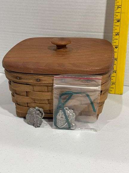 Longaberger Handwoven Basket With Lid and Miscellaneous Items