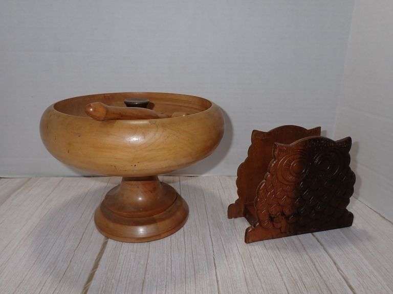 Wooden Nut Bowl on Pedestal w/Nut Gavel & tools, and Owl Napkin Holder Set