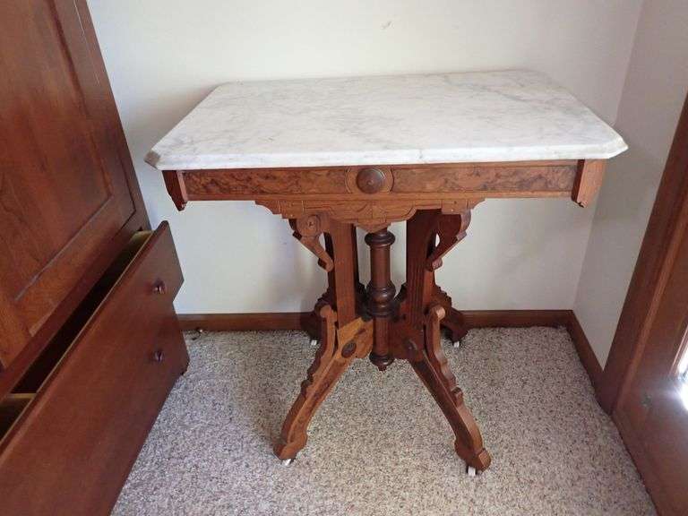 Victorian-Style Marble-Top Carved Wood Hall Table
