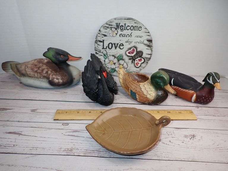 Decorative Items Including Bird Figurines and a Leaf-Shaped Dish