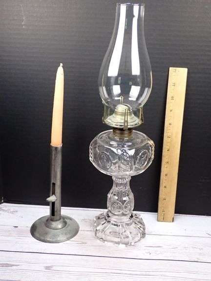 Glass Oil Lamp by Scovill Mfg Co USA and Primitive Metal Candlestick