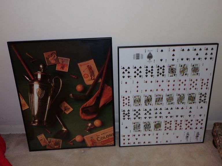 Two Framed Art Prints Featuring Playing Cards and Golf