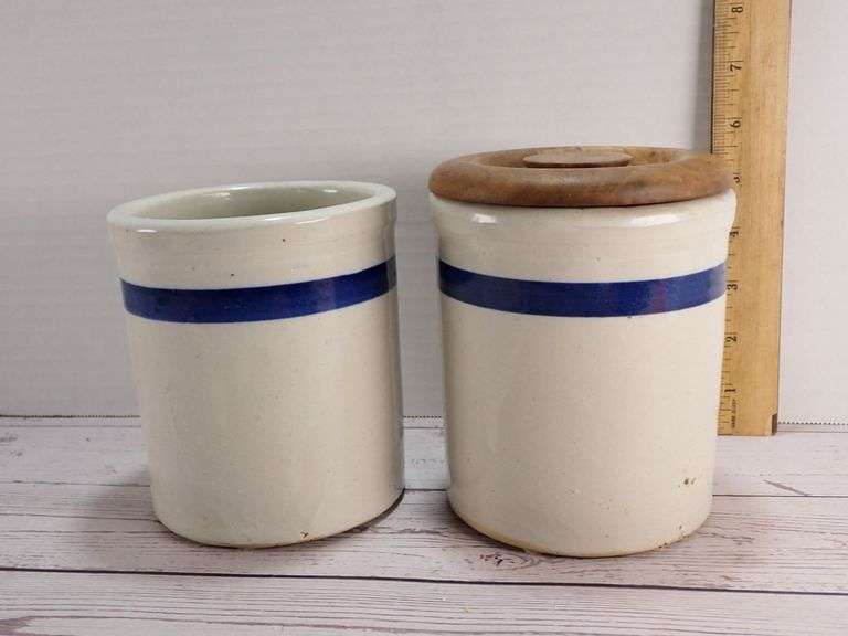 Two Ceramic Crocks with Blue Band and 1 Wooden Lid
