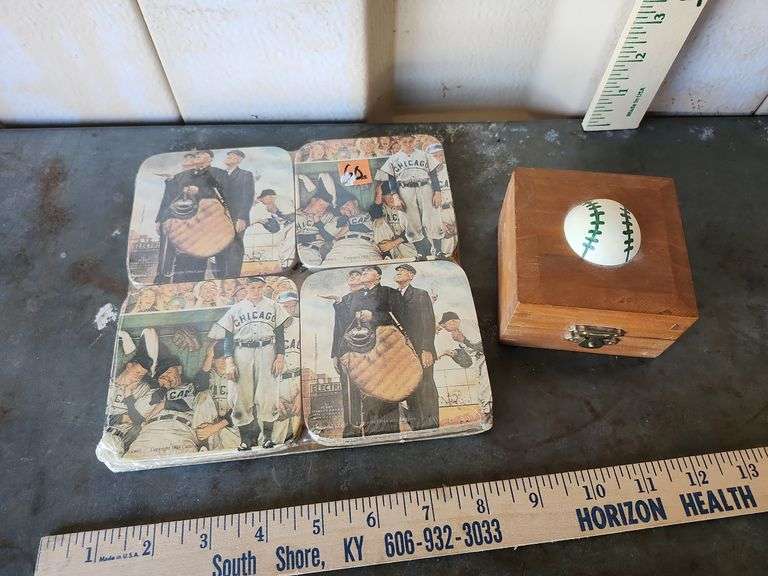 Set Of Eight 1994 Norman Rockwell Baseball Drink Coasters New In Package & Wood Trinket Box 3.5''X2.