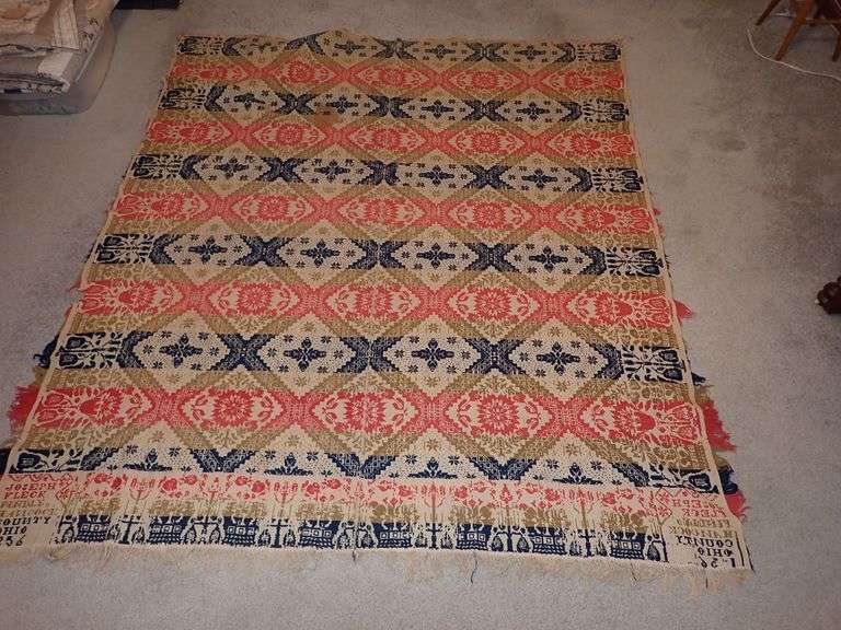 1856 Joseph Fleck Ohio Jacquard Woven Coverlet in Red, Blue, and Tan