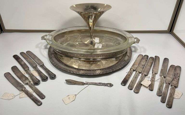 Silver-Plated Flatware, Tray, Serving Dish, and Compote