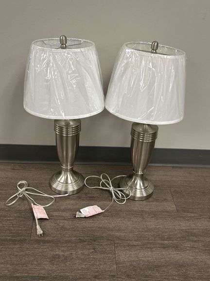 Two Brushed Nickel Table Lamps with White Shades