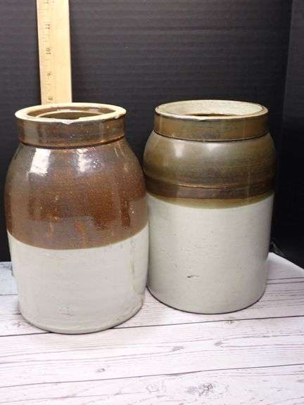 Two-Tone Stoneware Pickle Crocks with Brown Glaze
