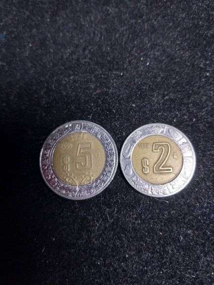Mexican $5 and $2 Coins, 2004 and 1998, Respectively