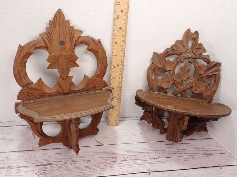 Carved Folding Wood Wall Shelves with Floral and Foliage Motifs