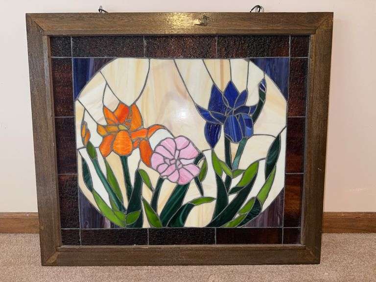 L￼arge stained glass panel-framed
