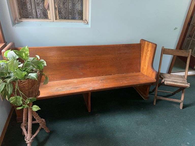 Wood Pew and Artificial Plant in Stand