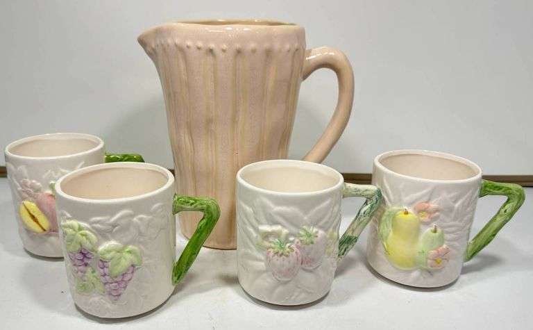 Pretty Vintage Ceramic Pitcher With Four Fruit-Themed Mugs