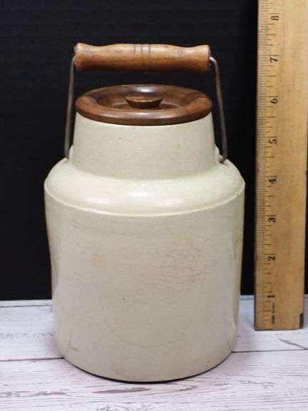 Stoneware Cream Can with Wooden Handle and Lid