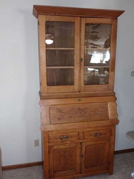 Victorian Oak Drop Front Secretary & Locking Bookcase with Carved Floral Detailing