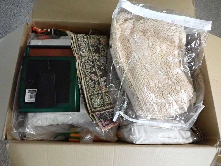 Household Linens, Frames, and Decorative Textiles in Cardboard Box