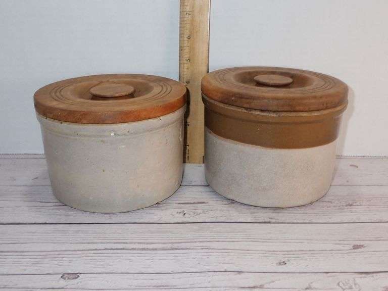 Stoneware Crocks with Wooden Lids