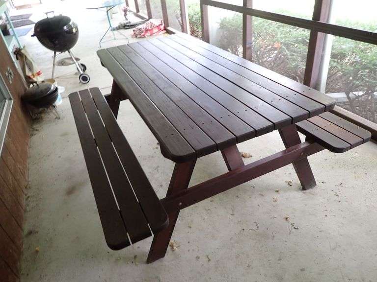 Wooden Picnic Table with Attached Benches
