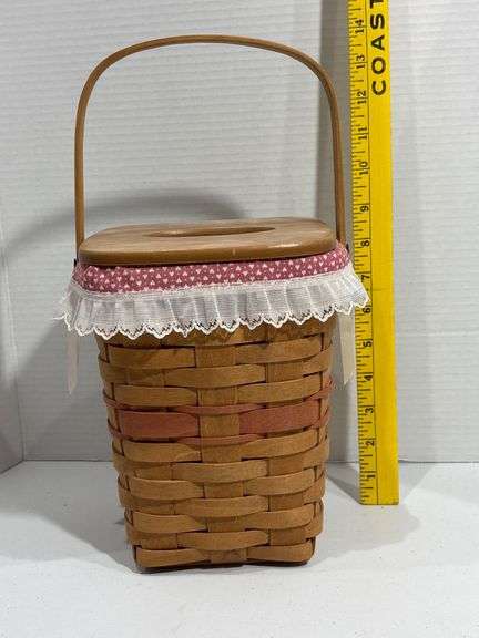 Longaberger Woven Basket with Fabric Trim and Wooden Lid