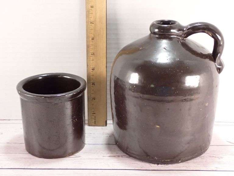 Glossy Brown Stoneware Jug and Utensil Crock Set