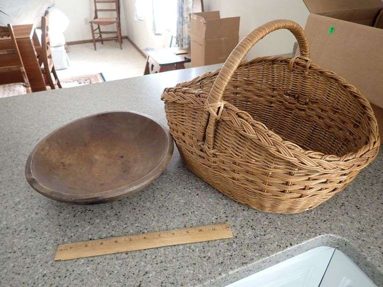 Primitive Wooden Bowl and Woven Wicker Basket