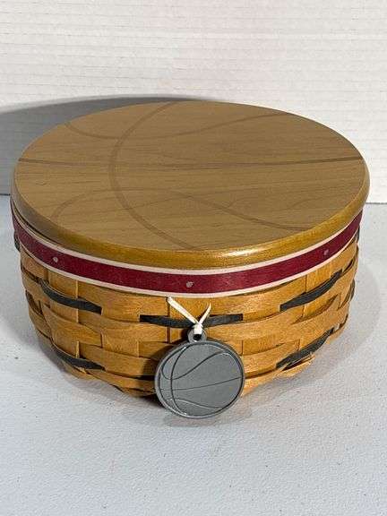Longaberger Round Wooden Basket With Basketball Motif
