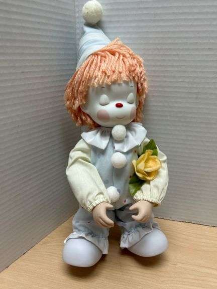 Porcelain Clown Doll with Fabric Accents, 10 Inches Tall