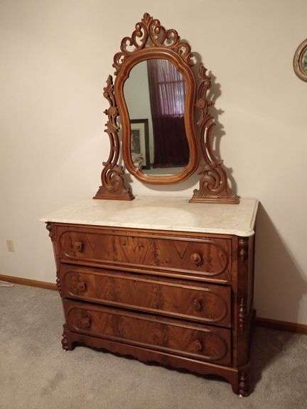 Antique Walnut and Marble Dresser with Ornate Mirror