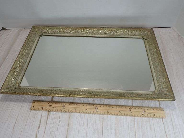 Rectangular Table Mirror With Ornate Gold-Tone Frame