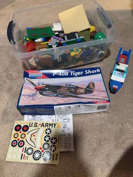 Vintage Legos and Monogram P-408 Tiger Shark model airplane